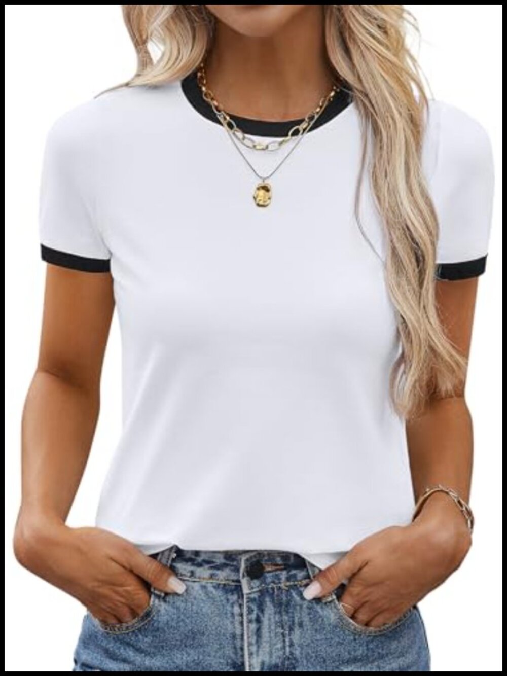 Cotton Ringer Tee Short Sleeve Crew Neck Slim Fit Casual Top